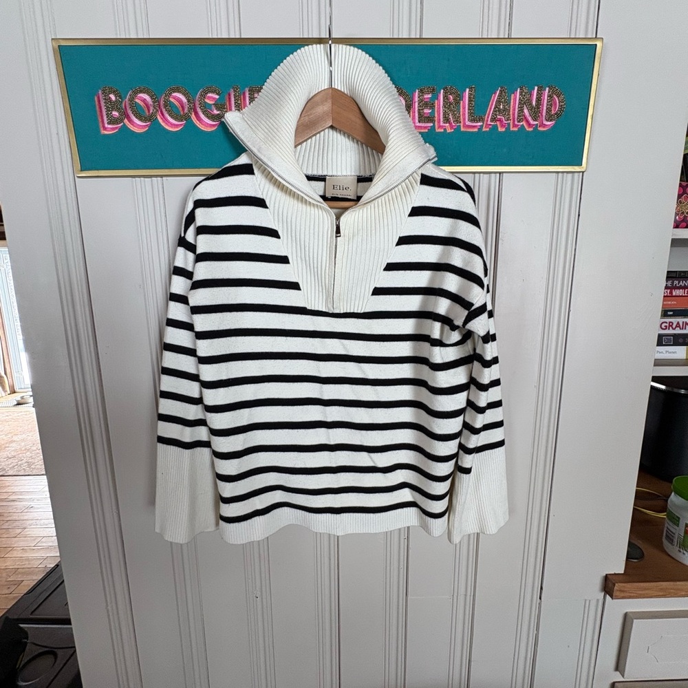 Elie Tahari Black and cream stripe zip turtle Neck Sweater